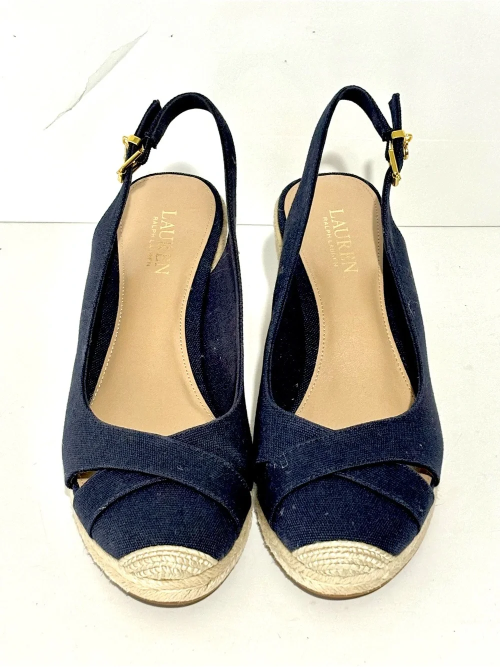 Ralph Lauren Navy Gold Canvas Espadrille Wedge Slingback Size 9 EUC